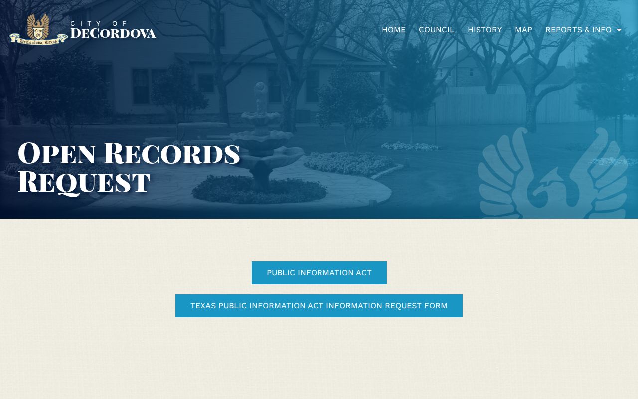 Hood County DeCordova public-records request form for city incident records