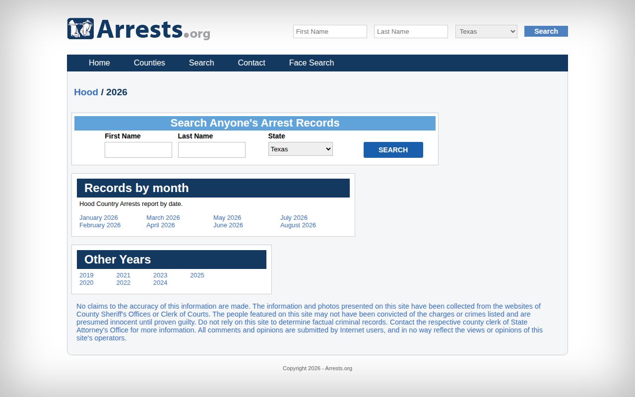 Hood County secondary arrest record index requiring official verification