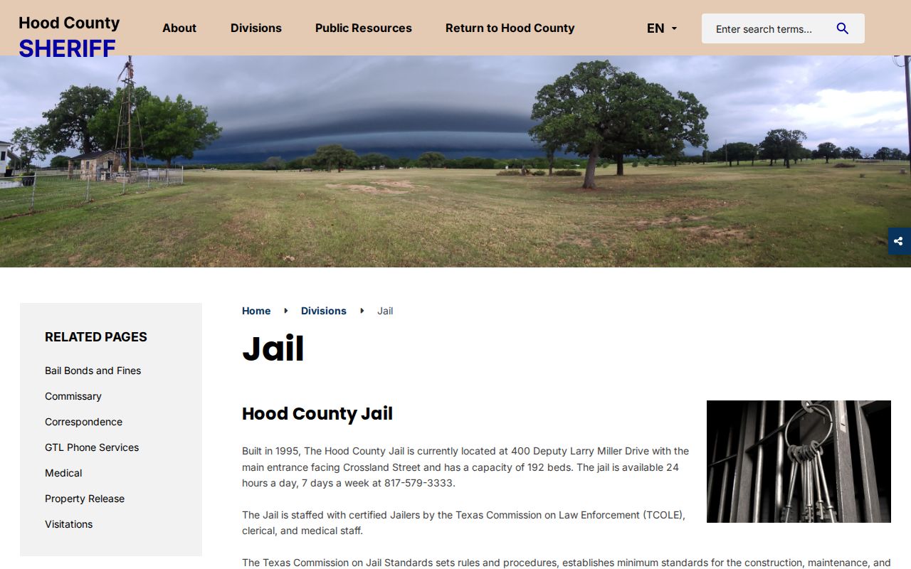 Hood County Jail booking records and custody information page