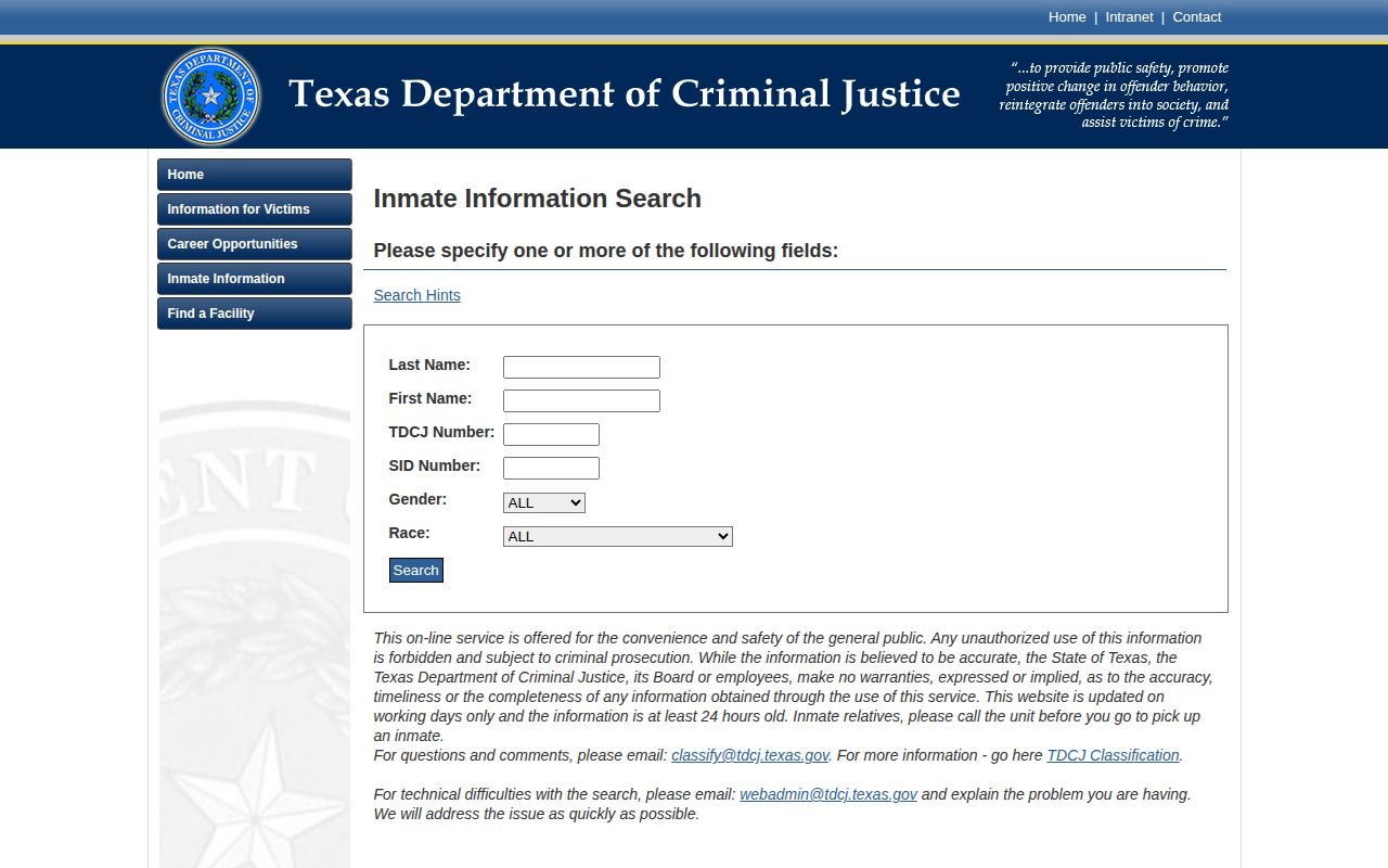 Texas Department of Criminal Justice Hood County state prisoner record search